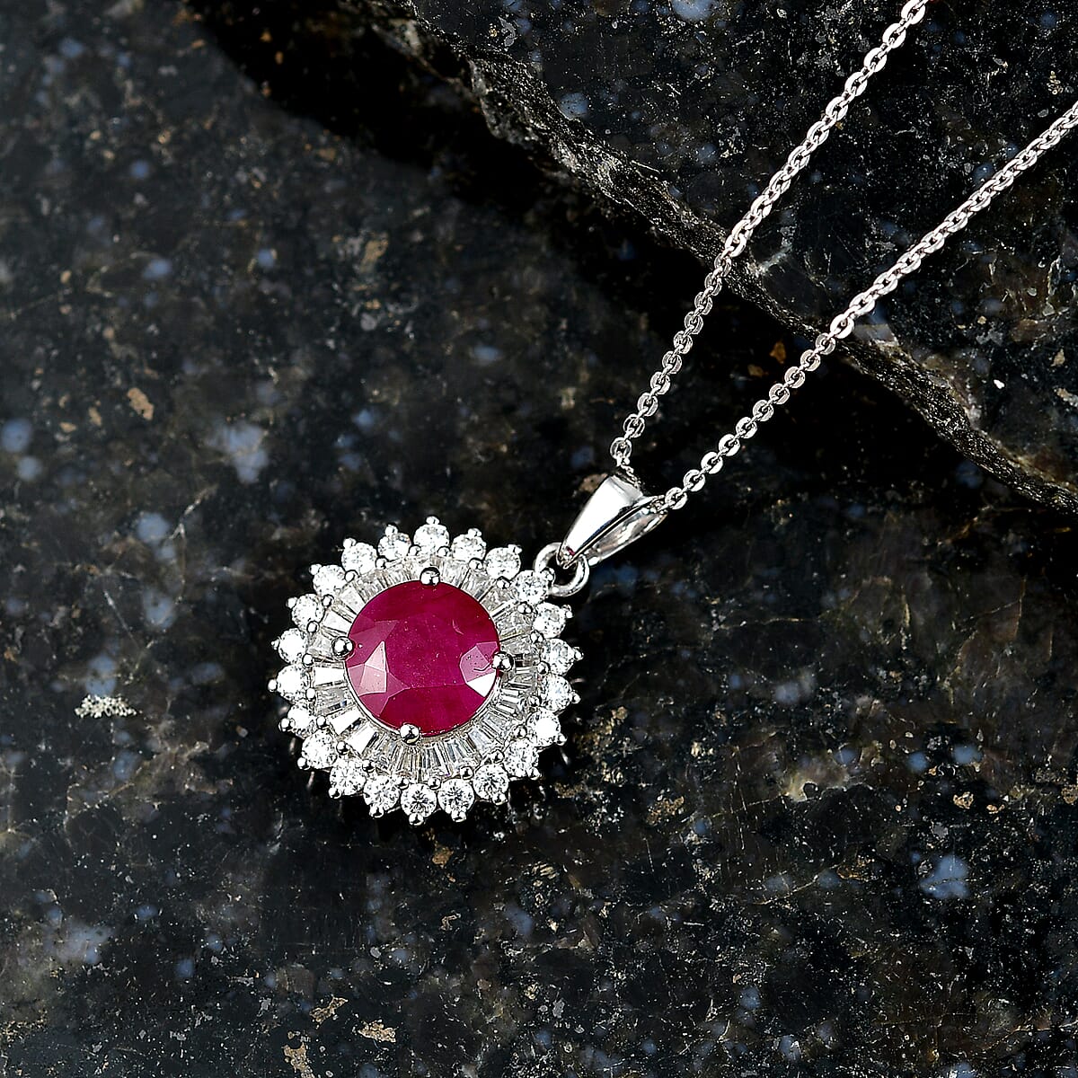 Certified & Appraised D'Joy Premium Royal Ruby and Moissanite 3.40 ctw Pendant Necklace in Rhodium Over Sterling Silver 20 Inches Del. in 10-12 Days  image number 1