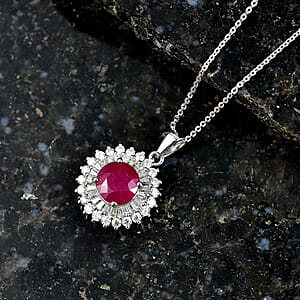 Certified & Appraised D'Joy Premium Royal Ruby and Moissanite 3.40 ctw Pendant Necklace in Rhodium Over Sterling Silver 20 Inches Del. in 10-12 Days 