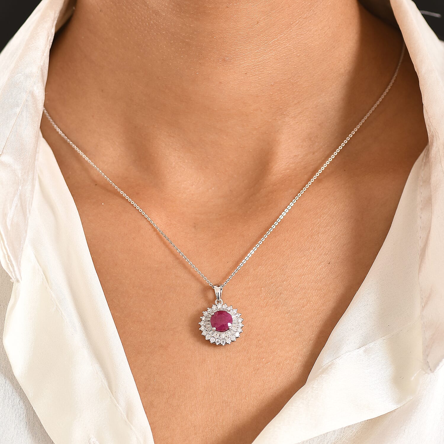 Certified & Appraised D'Joy Premium Royal Ruby and Moissanite 3.40 ctw Pendant Necklace in Rhodium Over Sterling Silver 20 Inches