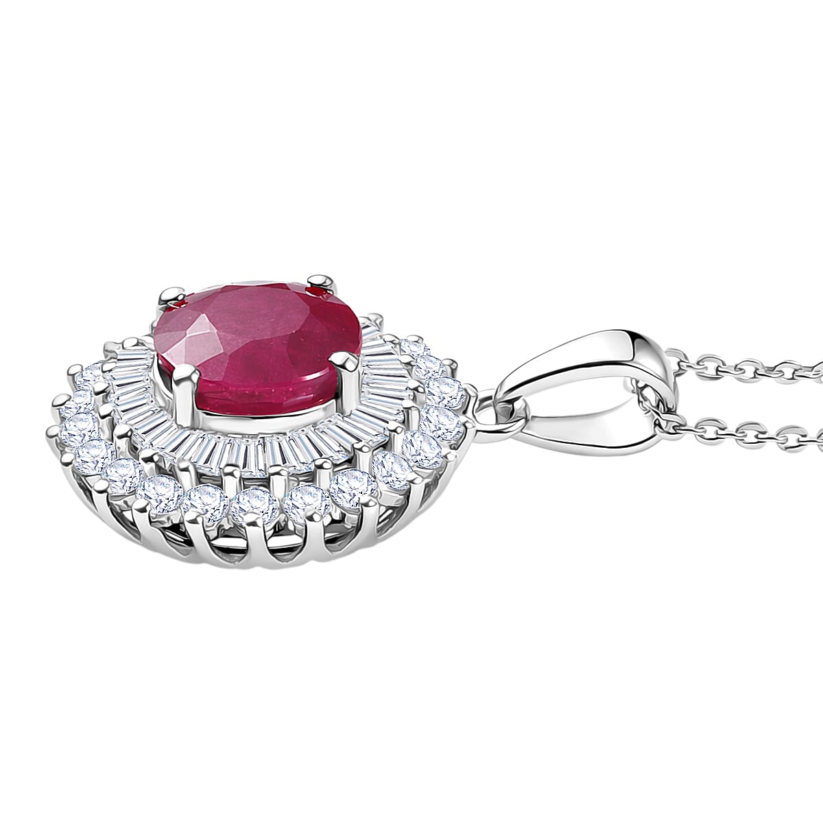 Certified & Appraised D'Joy Premium Royal Ruby and Moissanite 3.40 ctw Pendant Necklace in Rhodium Over Sterling Silver 20 Inches Del. in 10-12 Days  image number 3
