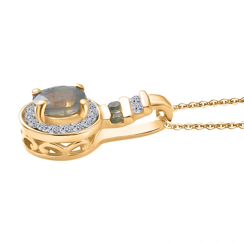 Narsipatnam Alexandrite and Luxuriant Lab Grown Diamond G-H SI 0.50 ctw Crown Halo Pendant Necklace in 18K Vermeil Yellow Gold Over Sterling Silver 20 Inches