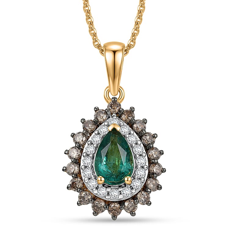 D'Joy Premium Kagem Zambian Emerald, Champagne and White Zircon 1.50 ctw Dewdrop Pendant Necklace in 18K Vermeil Yellow Gold Over Sterling Silver (20 Inches)