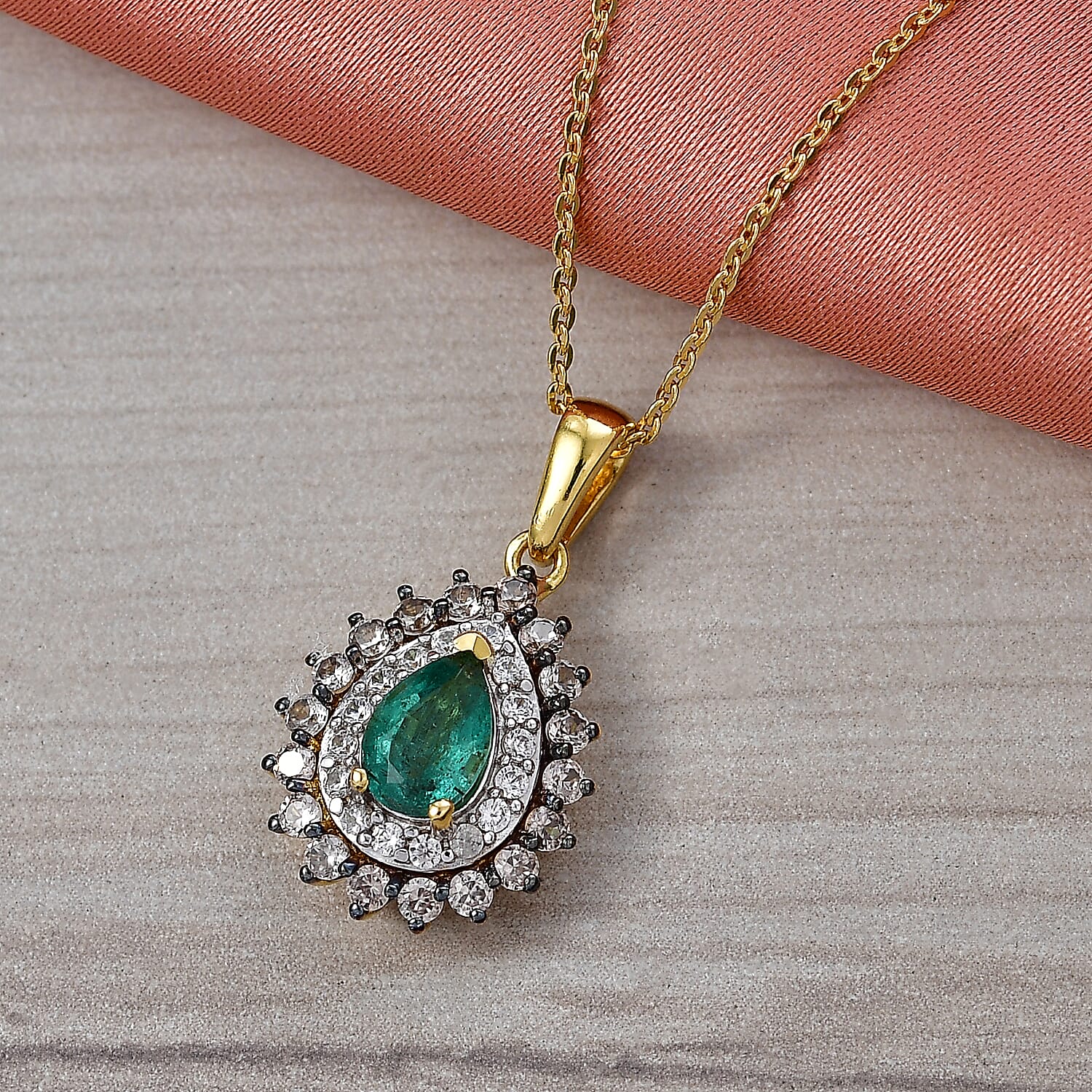 D'Joy Premium Kagem Zambian Emerald, Champagne and White Zircon 1.50 ctw Dewdrop Pendant Necklace in 18K Vermeil Yellow Gold Over Sterling Silver (20 Inches)