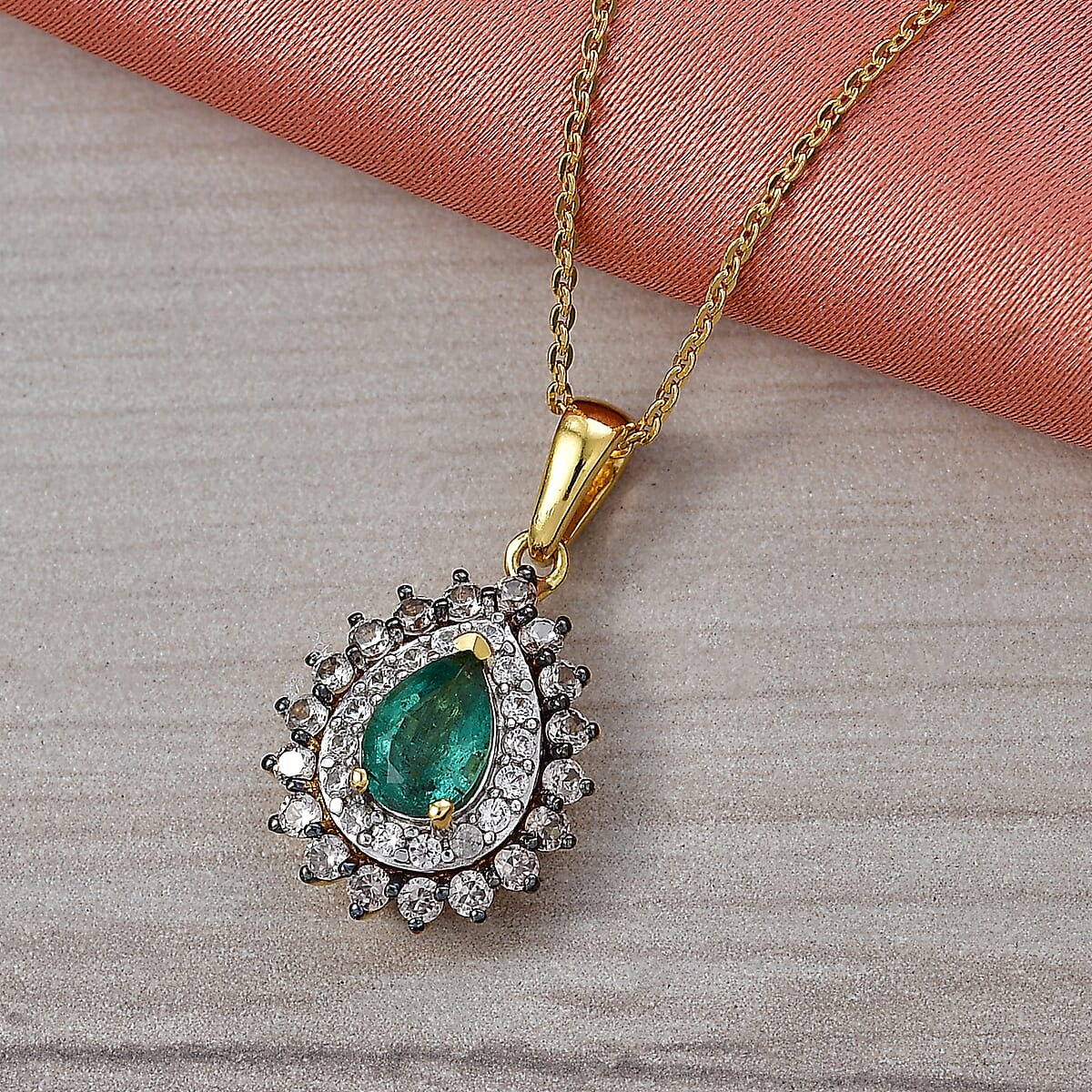 D'Joy Premium Kagem Zambian Emerald, Champagne and White Zircon 1.50 ctw Dewdrop Pendant Necklace in 18K Vermeil Yellow Gold Over Sterling Silver (20 Inches) image number 1