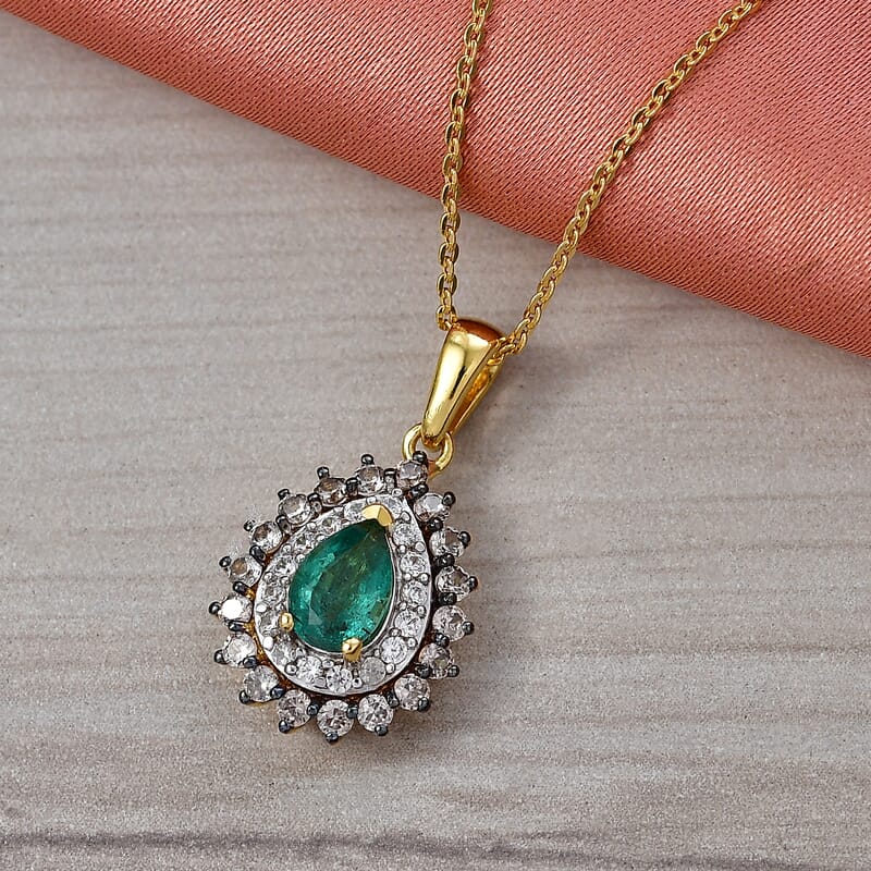 Doorbuster D'Joy Premium Kagem Zambian Emerald, Champagne and White Zircon 1.50 ctw Dewdrop Pendant Necklace in 18K Vermeil Yellow Gold Over Sterling Silver (20 Inches)