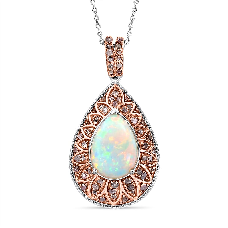 D'Joy AAA Ethiopian Welo Opal, Uncut Natural Pink Diamond 4.50 ctw Pendant Necklace (20 Inches) in Rhodium Over Sterling Silver