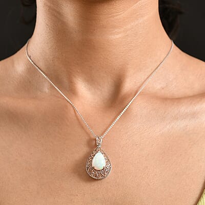 D'Joy AAA Ethiopian Welo Opal, Uncut Natural Pink Diamond 4.50 ctw Pendant Necklace (20 Inches) in Rhodium Over Sterling Silver