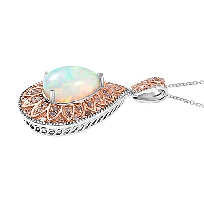 D'Joy AAA Ethiopian Welo Opal, Uncut Natural Pink Diamond 4.50 ctw Pendant Necklace (20 Inches) in Rhodium Over Sterling Silver