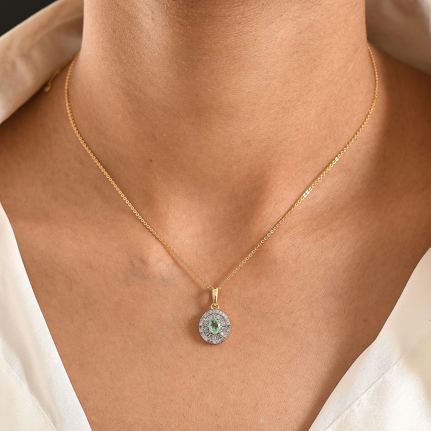 D'Joy Boyaca Colombian Emerald and Diamond 0.65 ctw Green Fire Burst Pendant Necklace in 18K Vermeil Yellow Gold Over Sterling Silver 20 Inches