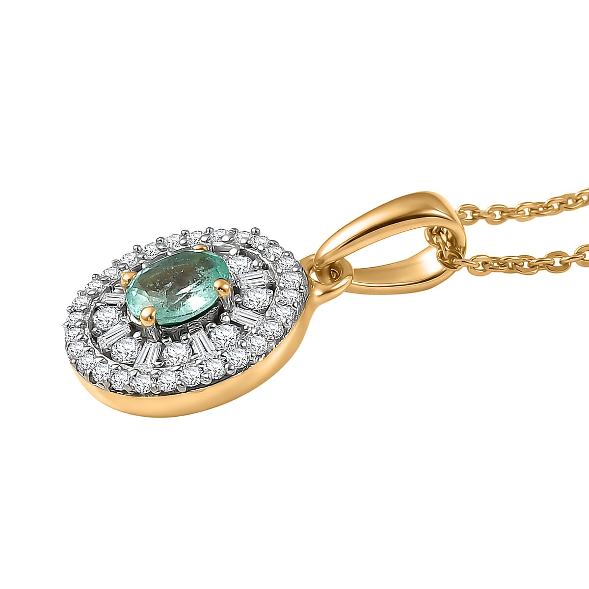 D'Joy Boyaca Colombian Emerald and Diamond 0.65 ctw Green Fire Burst Pendant Necklace in 18K Vermeil Yellow Gold Over Sterling Silver 20 Inches  image number 3