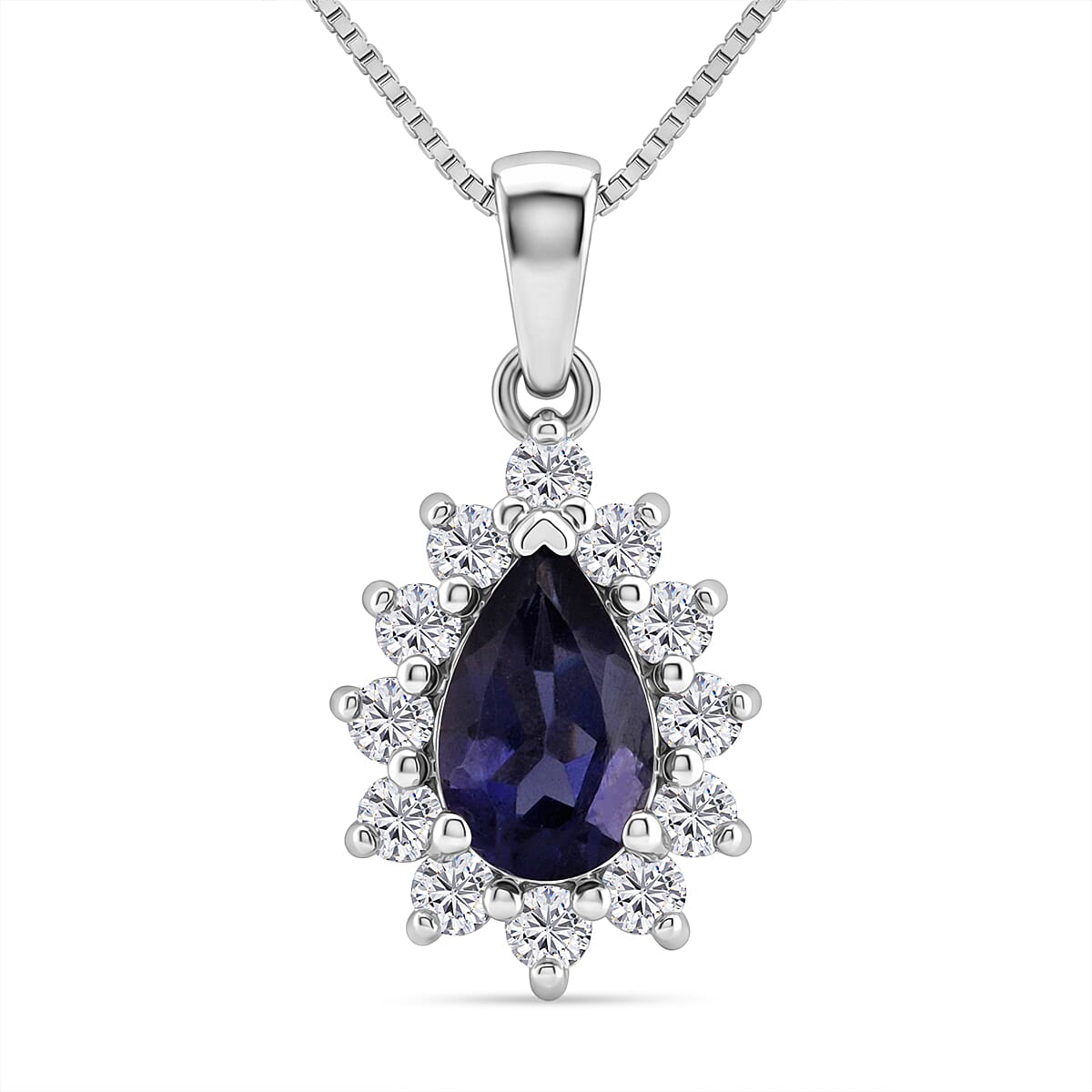 D'Joy Premium Catalina Iolite and Moissanite 1.10 ctw Royal Violet Elegance Pendant Necklace in Rhodium Over Sterling Silver 20 Inches