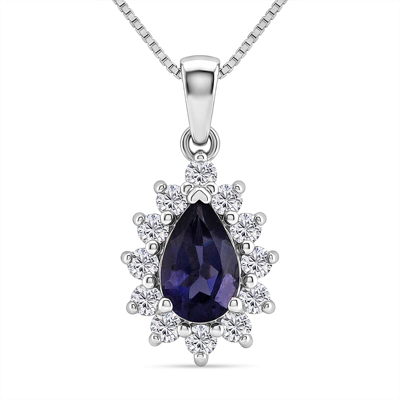 D'Joy Premium Catalina Iolite and Moissanite 1.10 ctw Royal Violet Elegance Pendant Necklace in Rhodium Over Sterling Silver 20 Inches