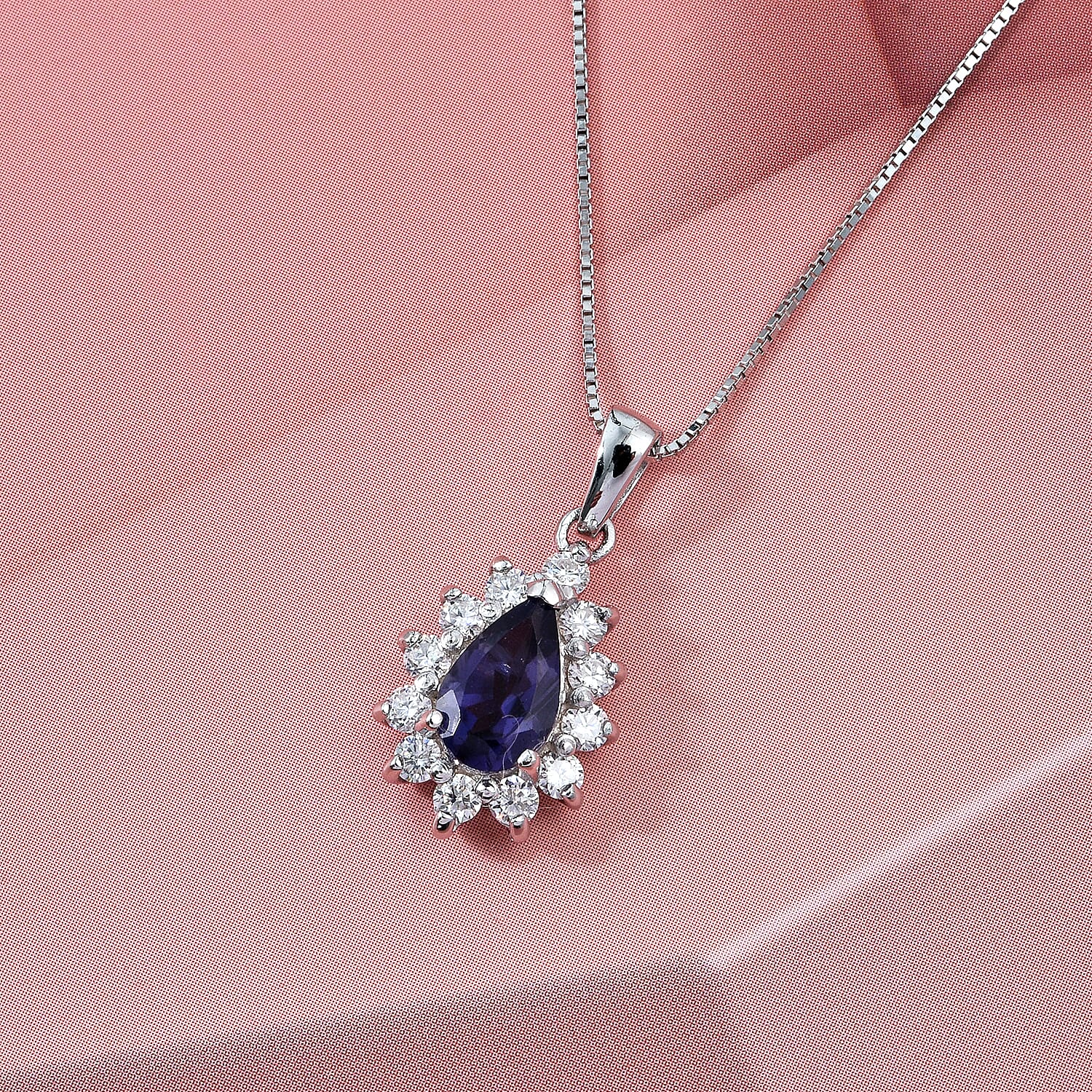 D'Joy Premium Catalina Iolite and Moissanite 1.10 ctw Royal Violet Elegance Pendant Necklace in Rhodium Over Sterling Silver 20 Inches