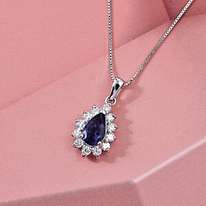 D'Joy Premium Catalina Iolite and Moissanite 1.10 ctw Pendant Necklace in Rhodium Over Sterling Silver 20 Inches