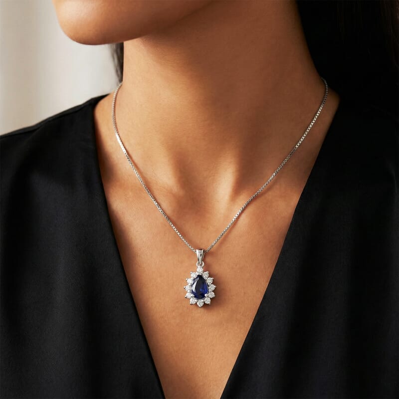 D'Joy Premium Catalina Iolite and Moissanite 1.10 ctw Royal Violet Elegance Pendant Necklace in Rhodium Over Sterling Silver 20 Inches