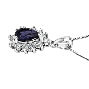 D'Joy Premium Catalina Iolite and Moissanite 1.10 ctw Pendant Necklace in Rhodium Over Sterling Silver 20 Inches