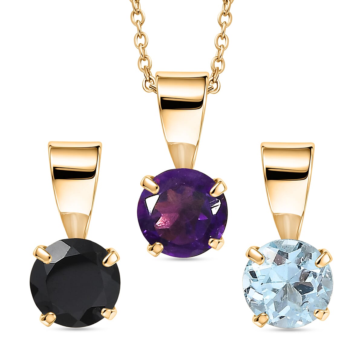African Amethyst, Black Spinel and White Topaz 1.70 ctw 3pcs Set Pendant in 14K YG Over Sterling Silver with Stainless Steel Necklace (20 Inches)