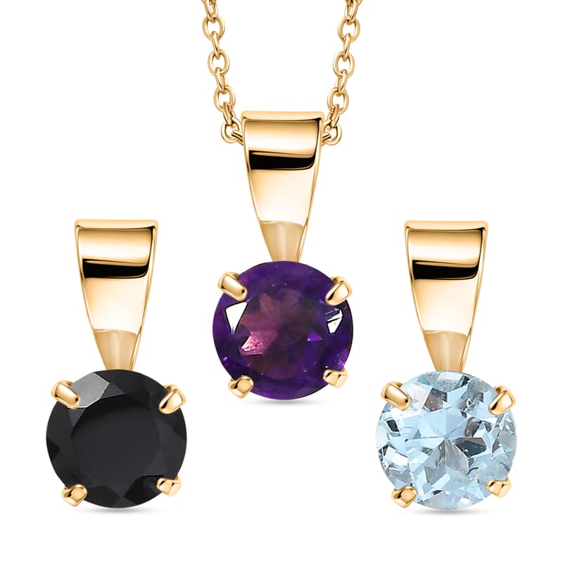 African Amethyst, Black Spinel and White Topaz 1.70 ctw 3pcs Set Pendant in 14K YG Over Sterling Silver with Stainless Steel Necklace (20 Inches)