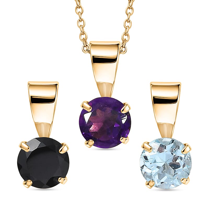 African Amethyst, Black Spinel and White Topaz 1.70 ctw 3pcs Set Pendant in 14K YG Over Sterling Silver with Stainless Steel Necklace (20 Inches)