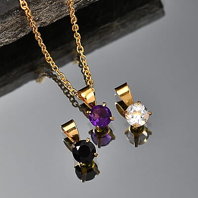 African Amethyst, Black Spinel and White Topaz 1.70 ctw 3pcs Set Pendant in 14K YG Over Sterling Silver with Stainless Steel Necklace (20 Inches)