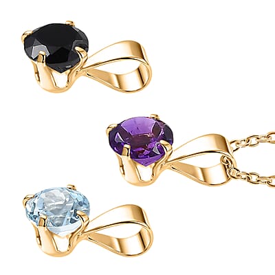 African Amethyst, Black Spinel and White Topaz 1.70 ctw 3pcs Set Pendant in 14K YG Over Sterling Silver with Stainless Steel Necklace (20 Inches)