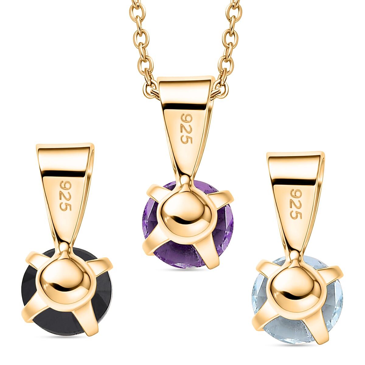 African Amethyst, Black Spinel and White Topaz 1.70 ctw 3pcs Set Pendant in 14K YG Over Sterling Silver with Stainless Steel Necklace (20 Inches)