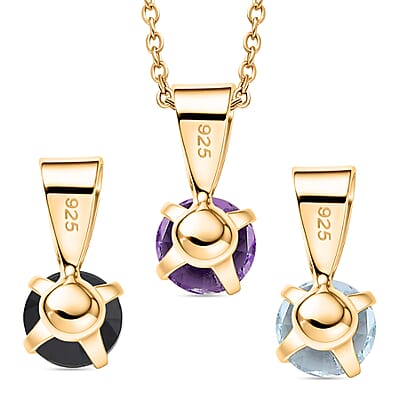 African Amethyst, Black Spinel and White Topaz 1.70 ctw 3pcs Set Pendant in 14K YG Over Sterling Silver with Stainless Steel Necklace (20 Inches)