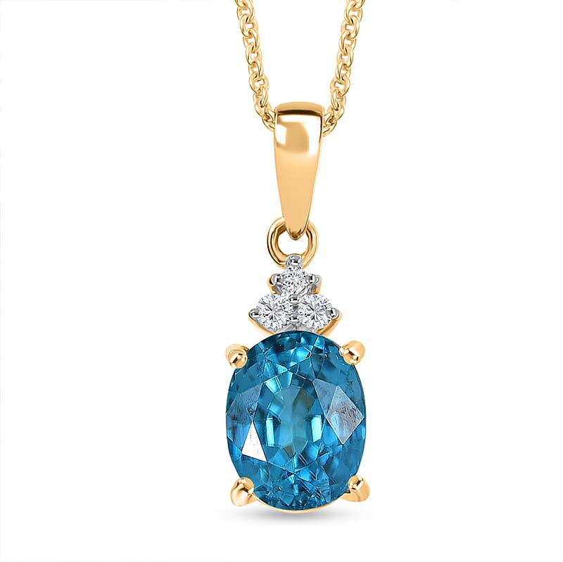 Luxoro AAAA Cambodian Blue Zircon and Diamond I2 4.65 ctw Ocean Light Pendant Necklace in 10K Yellow Gold 20 Inches