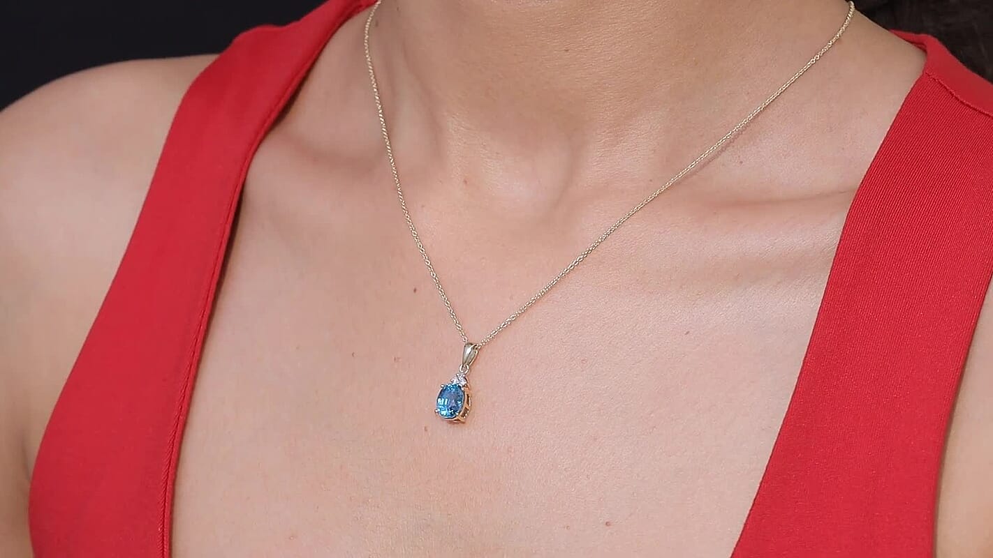 Luxoro AAAA Cambodian Blue Zircon and Diamond I2 4.65 ctw Ocean Light Pendant Necklace in 10K Yellow Gold 20 Inches