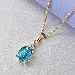 Luxoro AAAA Cambodian Blue Zircon and Diamond I2 4.65 ctw Ocean Light Pendant Necklace in 10K Yellow Gold 20 Inches (Del. in 10-12 Days)