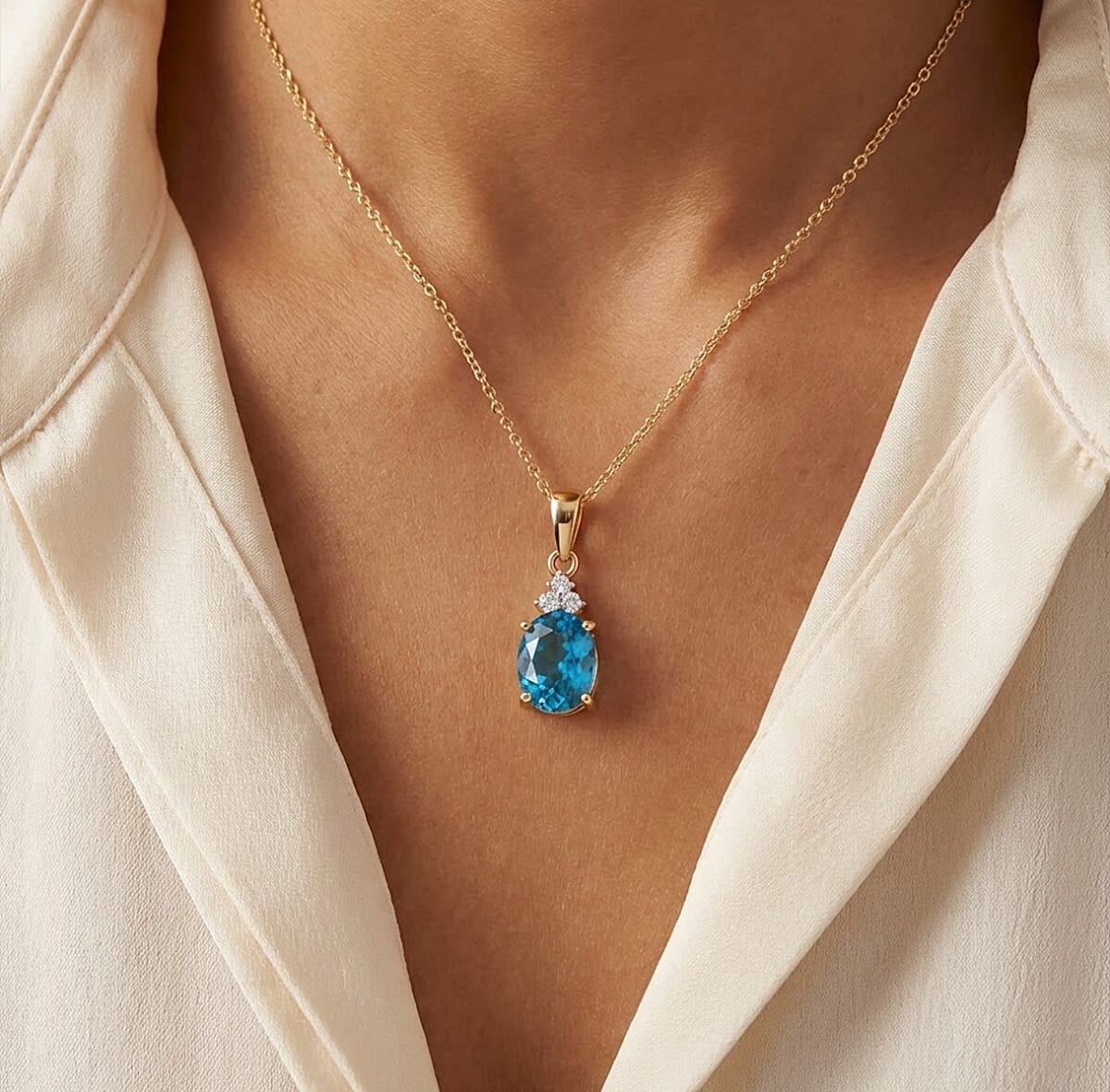 Luxoro AAAA Cambodian Blue Zircon and Diamond I2 4.65 ctw Ocean Light Pendant Necklace in 10K Yellow Gold 20 Inches (Del. in 10-12 Days) image number 2