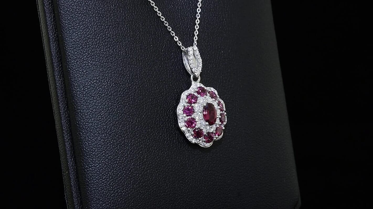 D'Joy AAA Radiant Ember Garnet and Moissanite 2.70 ctw Majestic Cluster Pendant Necklace in Rhodium Over Sterling Silver 20 Inches