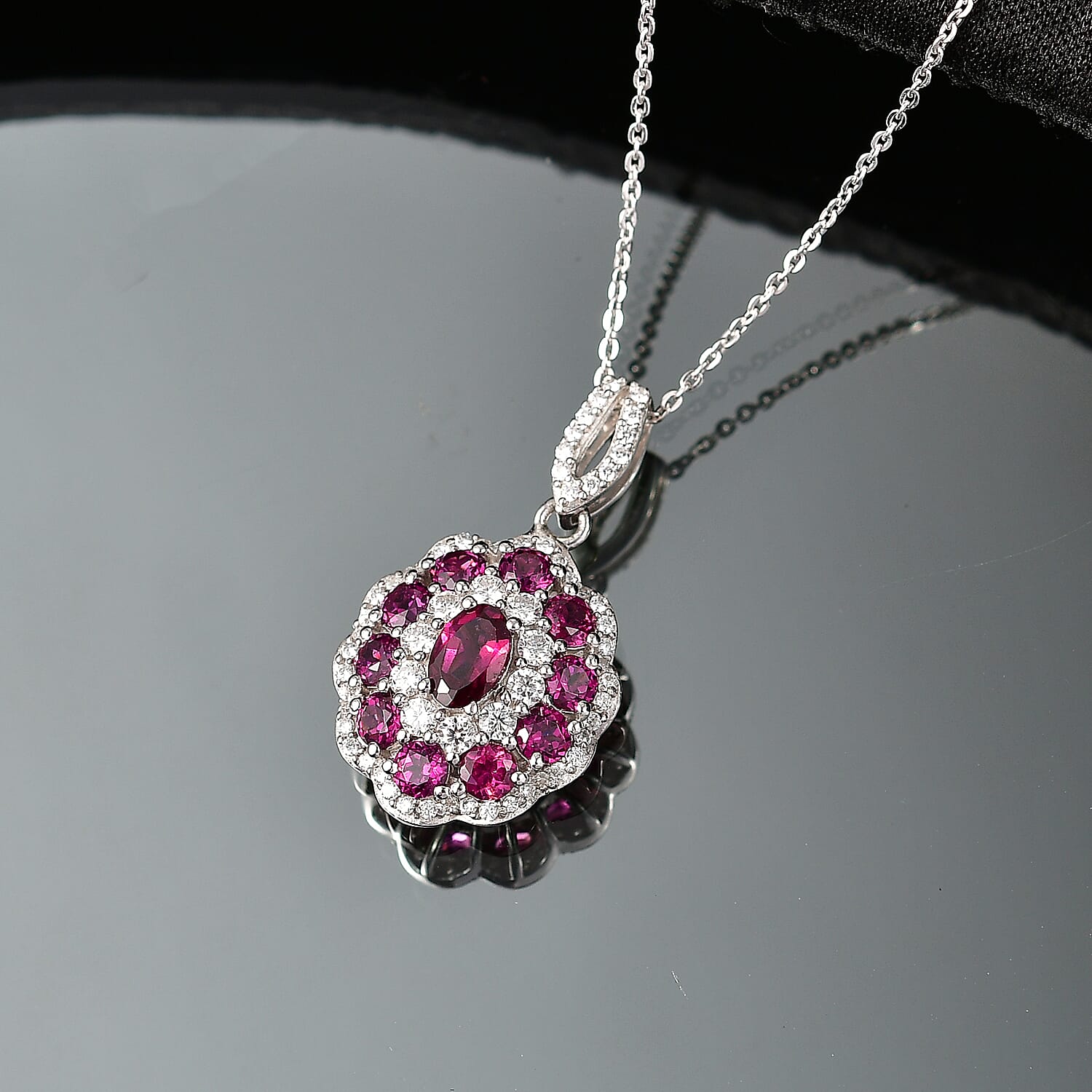 D'Joy AAA Radiant Ember Garnet and Moissanite 2.70 ctw Majestic Cluster Pendant Necklace in Rhodium Over Sterling Silver 20 Inches 