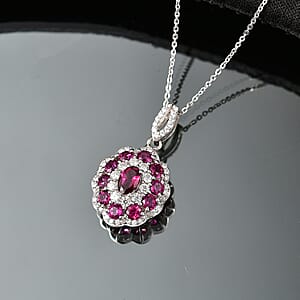 D'Joy AAA Radiant Ember Garnet and Moissanite 2.70 ctw Majestic Cluster Pendant Necklace in Rhodium Over Sterling Silver 20 Inches 