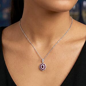 D'Joy AAA Radiant Ember Garnet and Moissanite 2.70 ctw Majestic Cluster Pendant Necklace in Rhodium Over Sterling Silver 20 Inches 