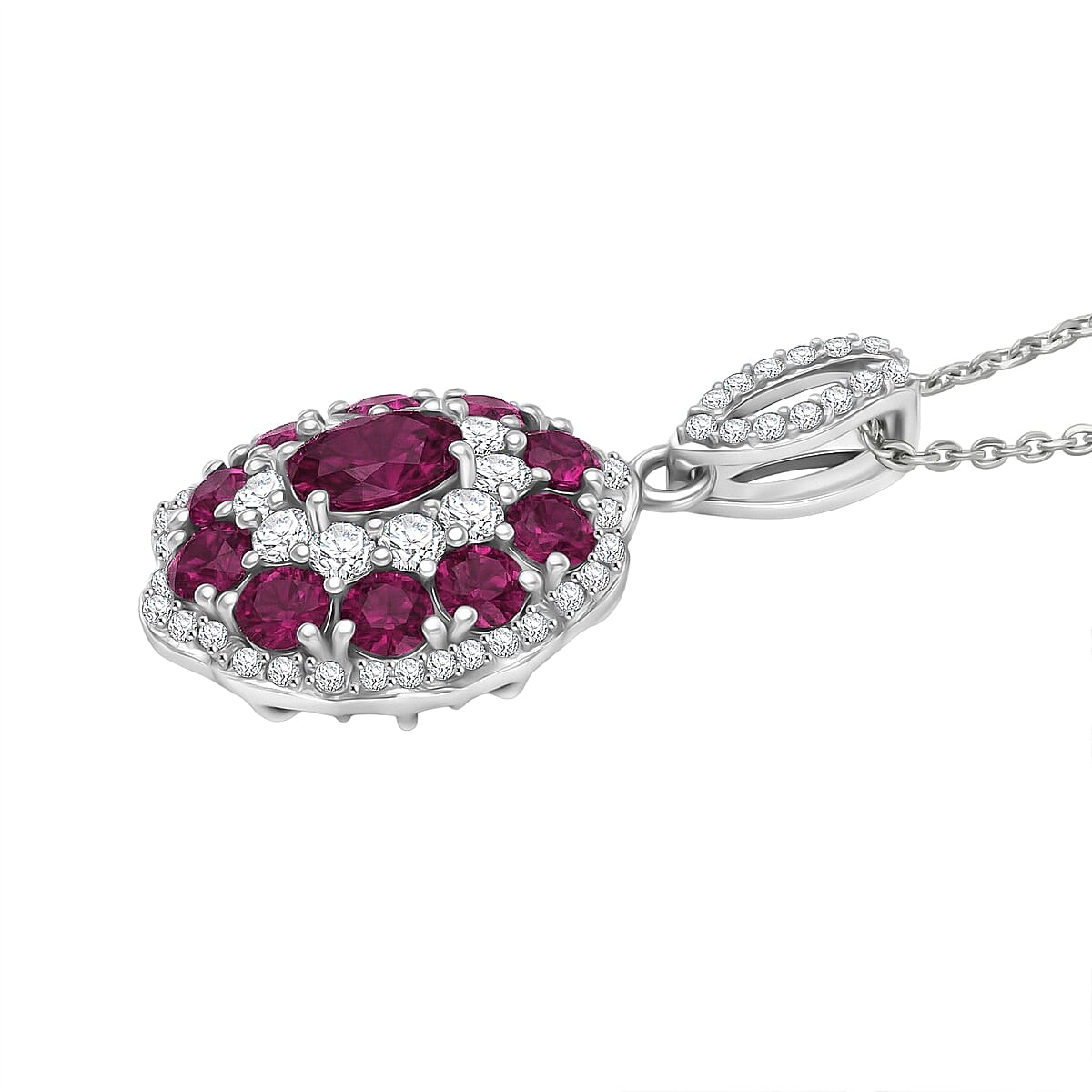 D'Joy AAA Radiant Ember Garnet and Moissanite 2.70 ctw Majestic Cluster Pendant Necklace in Rhodium Over Sterling Silver 20 Inches  image number 3