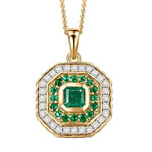D'Joy Asscher Cut AAA Kagem Zambian Emerald and Moissanite 1.40 ctw Pendant Necklace in 18K Vermeil Yellow Gold Over Sterling Silver (20 Inches)