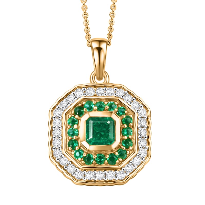 D'Joy Asscher Cut AAA Kagem Zambian Emerald and Moissanite 1.60 ctw Royal Halo Pendant Necklace in 18K Vermeil Yellow Gold Over Sterling Silver (20 Inches)
