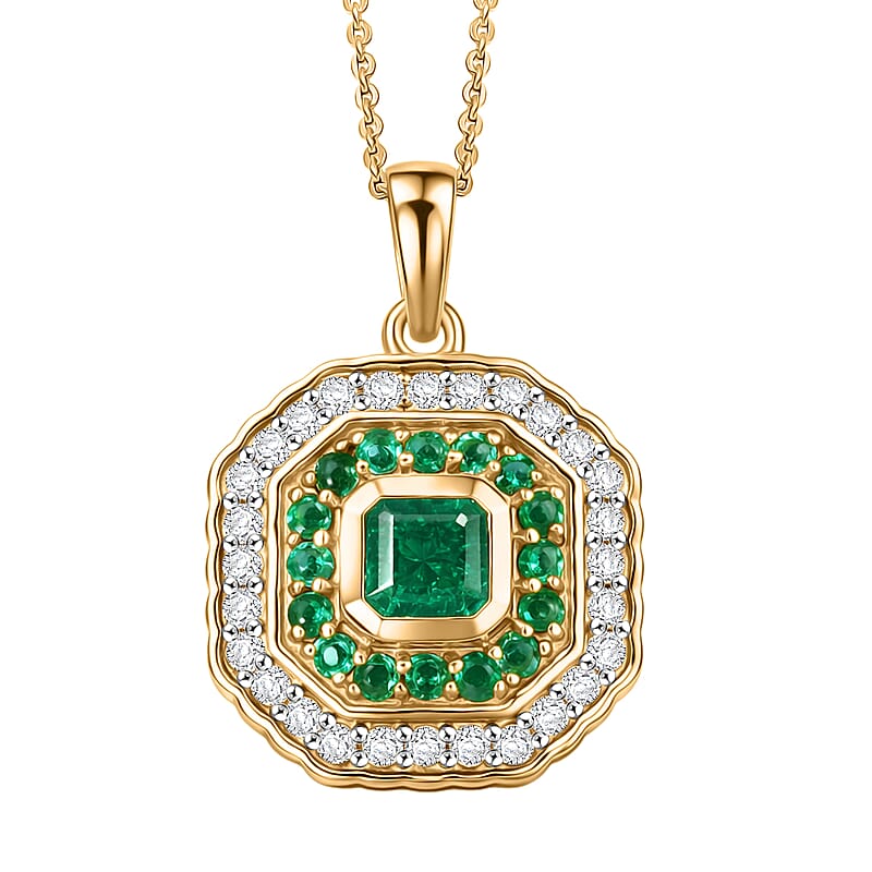 D'Joy Asscher Cut AAA Kagem Zambian Emerald and Moissanite 1.60 ctw Royal Halo Pendant Necklace in 18K Vermeil Yellow Gold Over Sterling Silver (20 Inches)