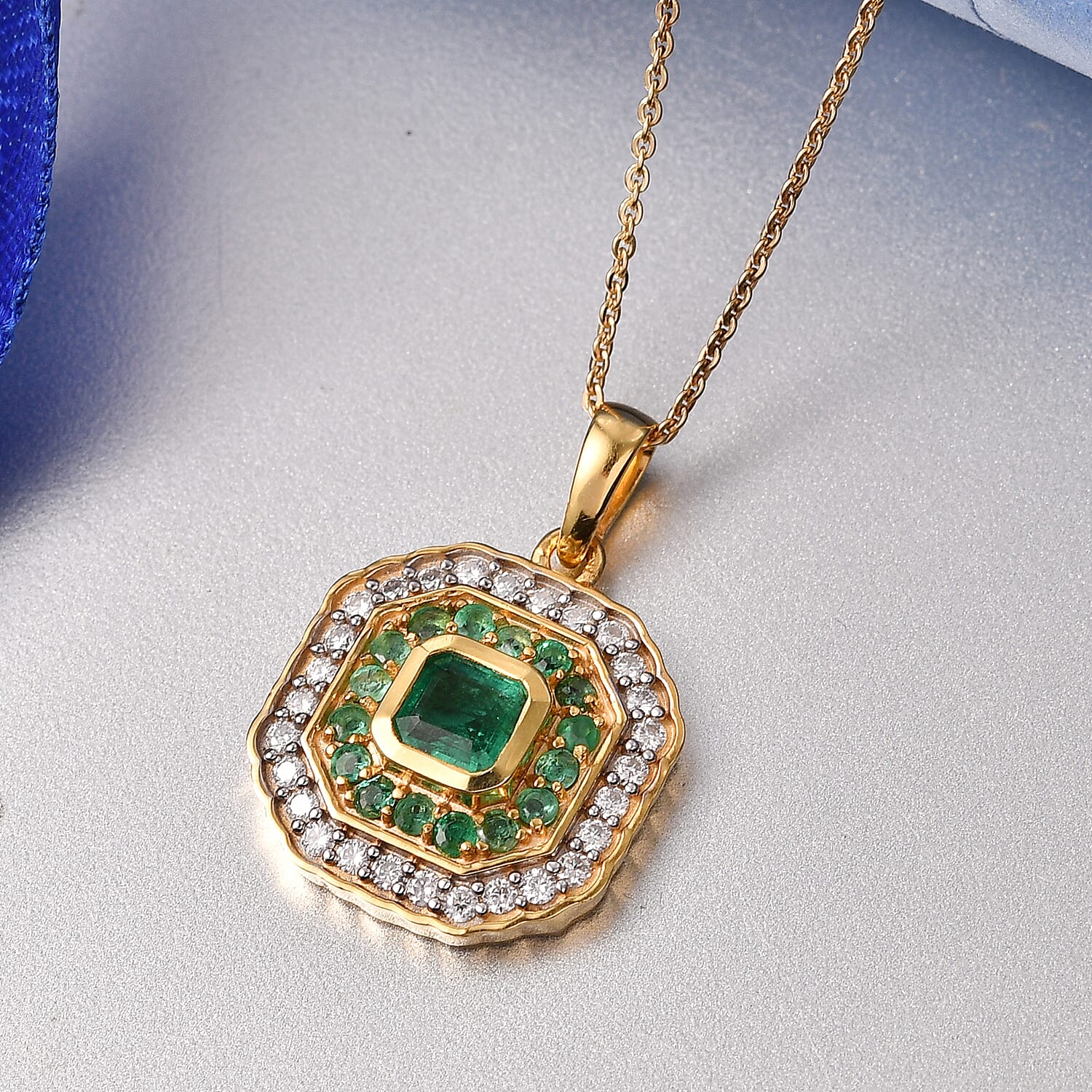 D'Joy Asscher Cut AAA Kagem Zambian Emerald and Moissanite 1.60 ctw Royal Halo Pendant Necklace in 18K Vermeil Yellow Gold Over Sterling Silver (20 Inches)