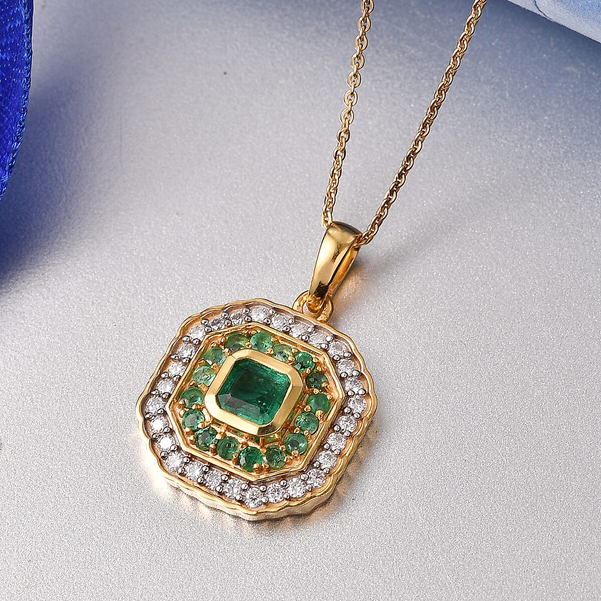 D'Joy Asscher Cut AAA Kagem Zambian Emerald and Moissanite 1.40 ctw Pendant Necklace in 18K Vermeil Yellow Gold Over Sterling Silver (20 Inches) image number 1