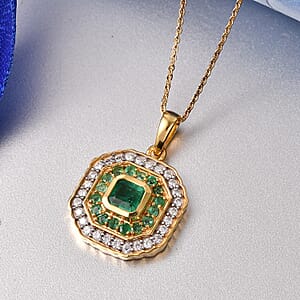 D'Joy Asscher Cut AAA Kagem Zambian Emerald and Moissanite 1.40 ctw Pendant Necklace in 18K Vermeil Yellow Gold Over Sterling Silver (20 Inches)