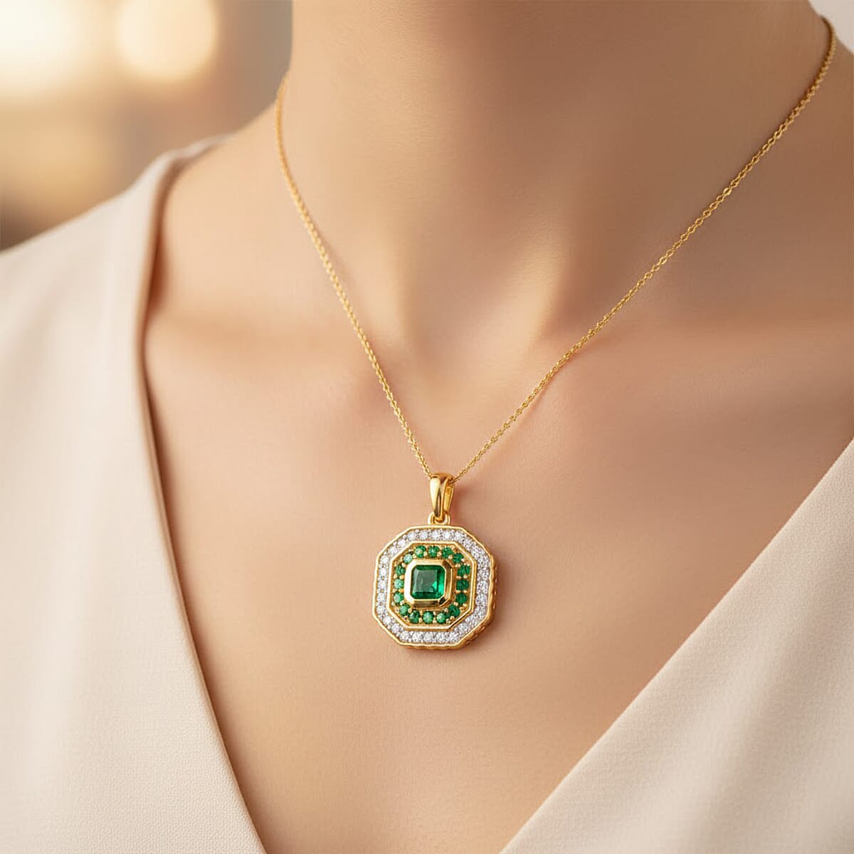D'Joy Asscher Cut AAA Kagem Zambian Emerald and Moissanite 1.40 ctw Pendant Necklace in 18K Vermeil Yellow Gold Over Sterling Silver (20 Inches) image number 2