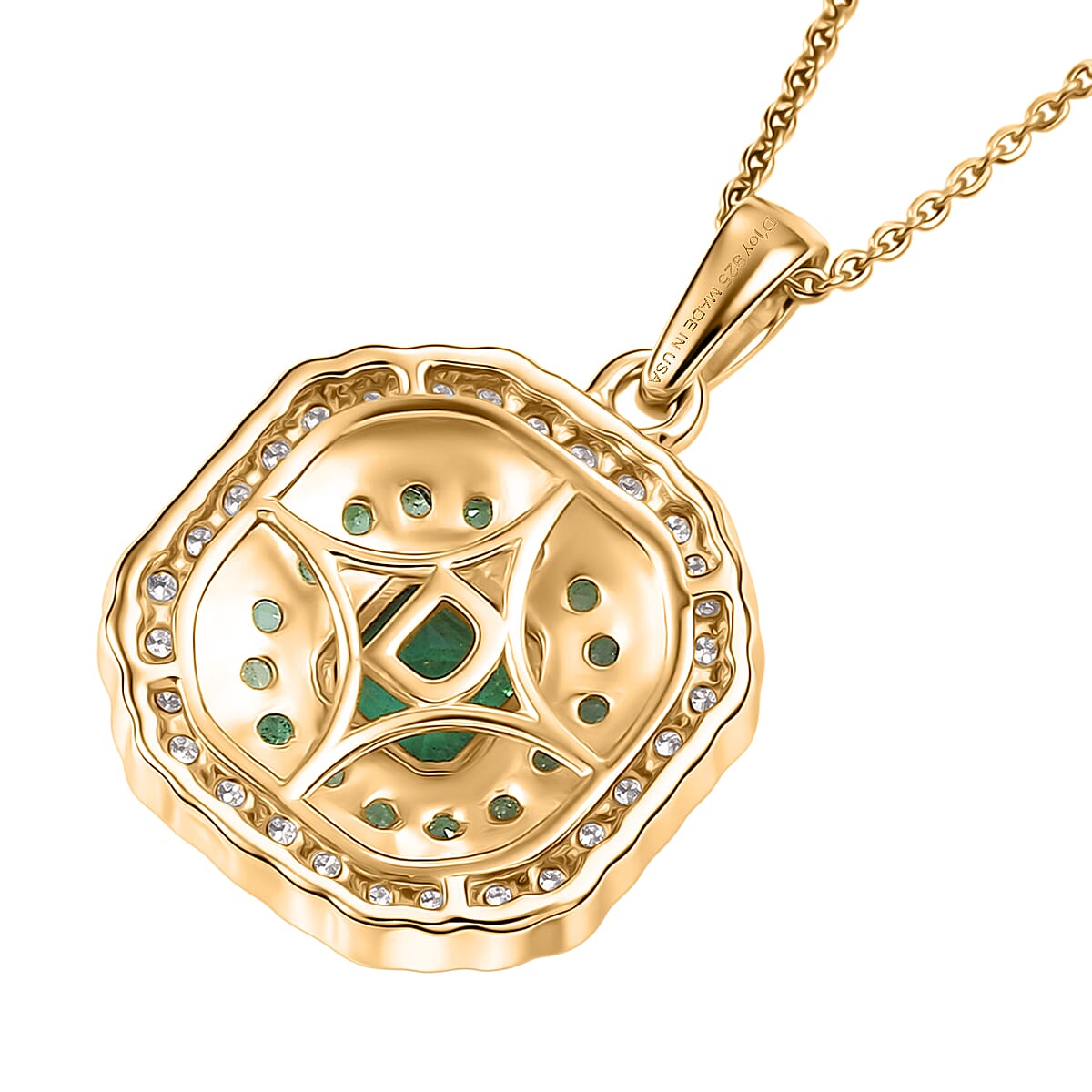 D'Joy Asscher Cut AAA Kagem Zambian Emerald and Moissanite 1.60 ctw Royal Halo Pendant Necklace in 18K Vermeil Yellow Gold Over Sterling Silver (20 Inches)