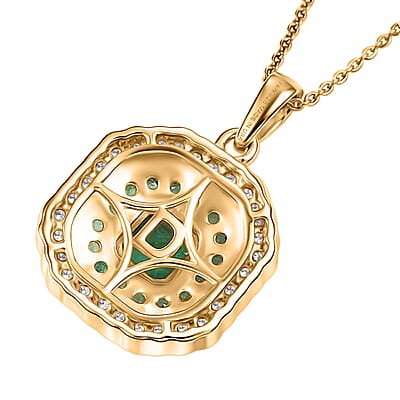 D'Joy Asscher Cut AAA Kagem Zambian Emerald and Moissanite 1.60 ctw Royal Halo Pendant Necklace in 18K Vermeil Yellow Gold Over Sterling Silver (20 Inches)