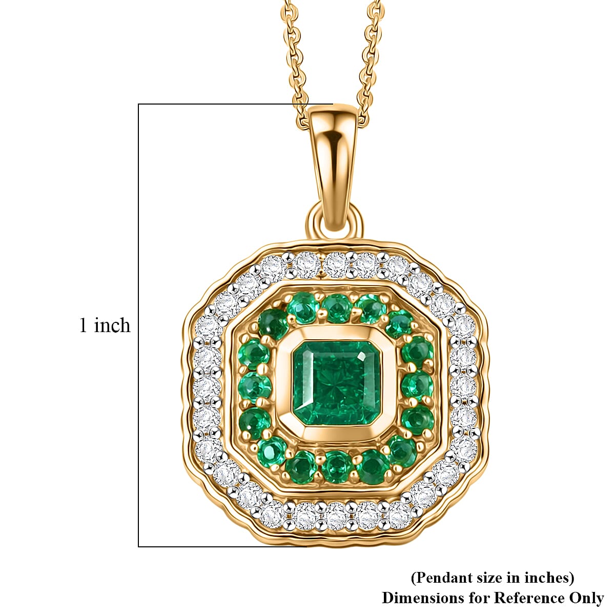 D'Joy Asscher Cut AAA Kagem Zambian Emerald and Moissanite 1.60 ctw Royal Halo Pendant Necklace in 18K Vermeil Yellow Gold Over Sterling Silver (20 Inches)