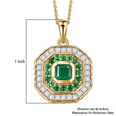 D'Joy Asscher Cut AAA Kagem Zambian Emerald and Moissanite 1.60 ctw Royal Halo Pendant Necklace in 18K Vermeil Yellow Gold Over Sterling Silver (20 Inches)