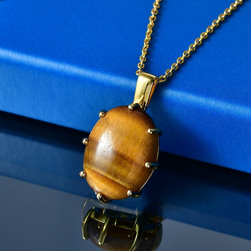 EverTrue Tigers Eye 15.85 ctw Pendant in 18K YG Plated with ION Plated YG Stainless Steel Necklace (20 Inches)