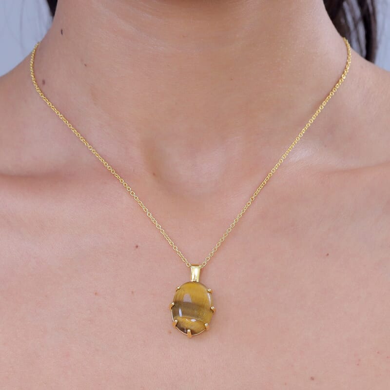 EverTrue Tigers Eye 15.85 ctw Pendant in 18K YG Plated with ION Plated YG Stainless Steel Necklace (20 Inches)