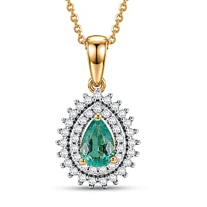 D'Joy Boyaca Colombian Emerald and Moissanite 0.60 ctw Pear Crown Halo Pendant Necklace in 18K Vermeil Yellow Gold Over Sterling Silver 20 Inches 